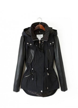 Hooded Contrast PU Leather Trench Coat-Black